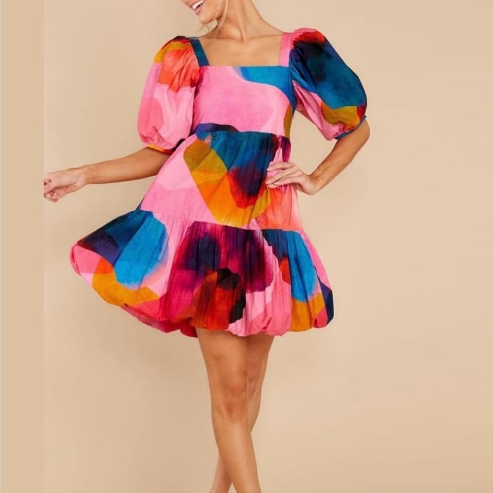 Oliphant Pink and Blue Pleated Puff Sleeve Mini Dress